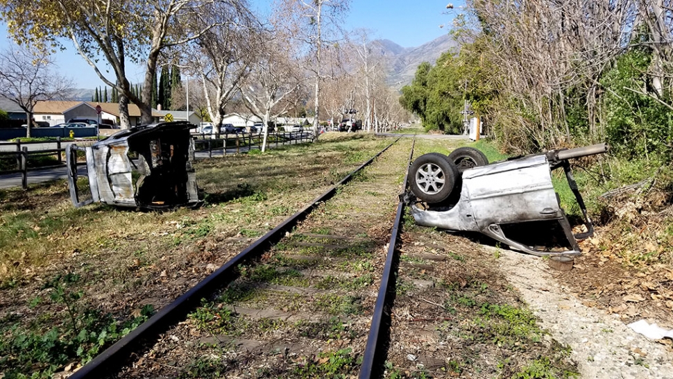 On February 14, 2020, a car, split in half, lay on either side of the railroad tracks near the intersection of Sespe Avenue and Old Telegraph Road. According to eye witnesses who watched the filming of Comedy Central’s Reno 911, flames were shooting out of both halves of the car, and somehow, a cat was involved. The return of Reno 911 premiers later this year on the new Quibi streaming service.