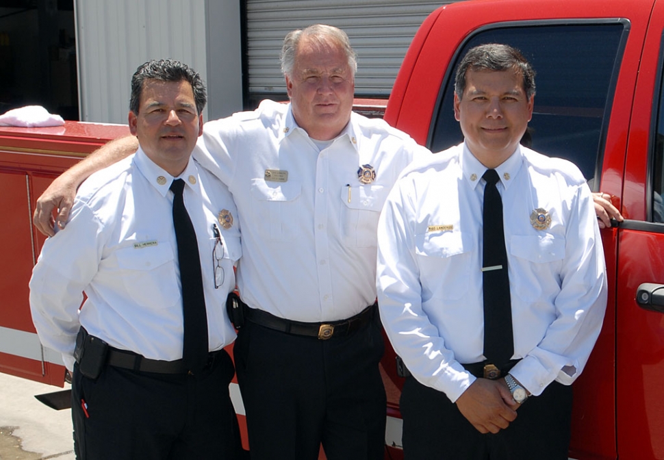 Two former Fillmore Fire Chiefs(l-r) Bill Herrera and Pat Askren, are pictured with current Chief Rigo Landeros, at Sunday’s Fire Recruit Graduation Ceremony.