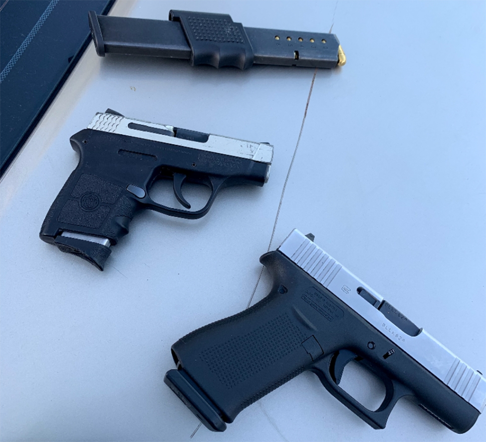 Two loaded semi-automatic handguns police recovered when conducting a search. Gabriel Cuevas, 26 of Piru, and Miguel Ortiz, 24 of Ventura, were arrested for parole violations. Photo courtesy Ventura County Sheriff’s Office.