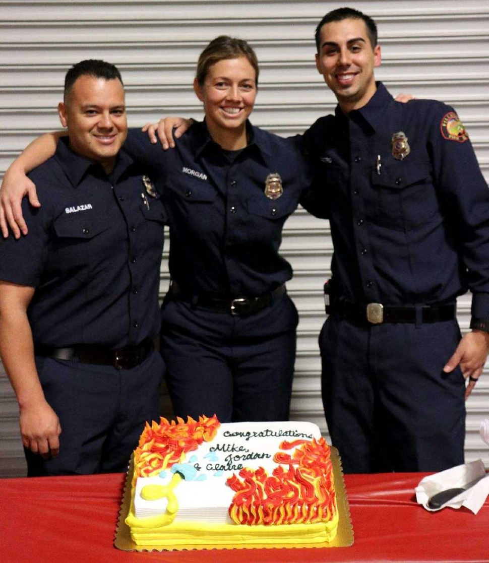 At Tuesday night’s city council meeting volunteer Firefighters (l-r) Mike Salazar, Claire Morgan and Jordan Castro received badges to become fulltime Fillmore Fire Fighters for the City of Fillmore. Photo courtesy Fillmore Fire Department.