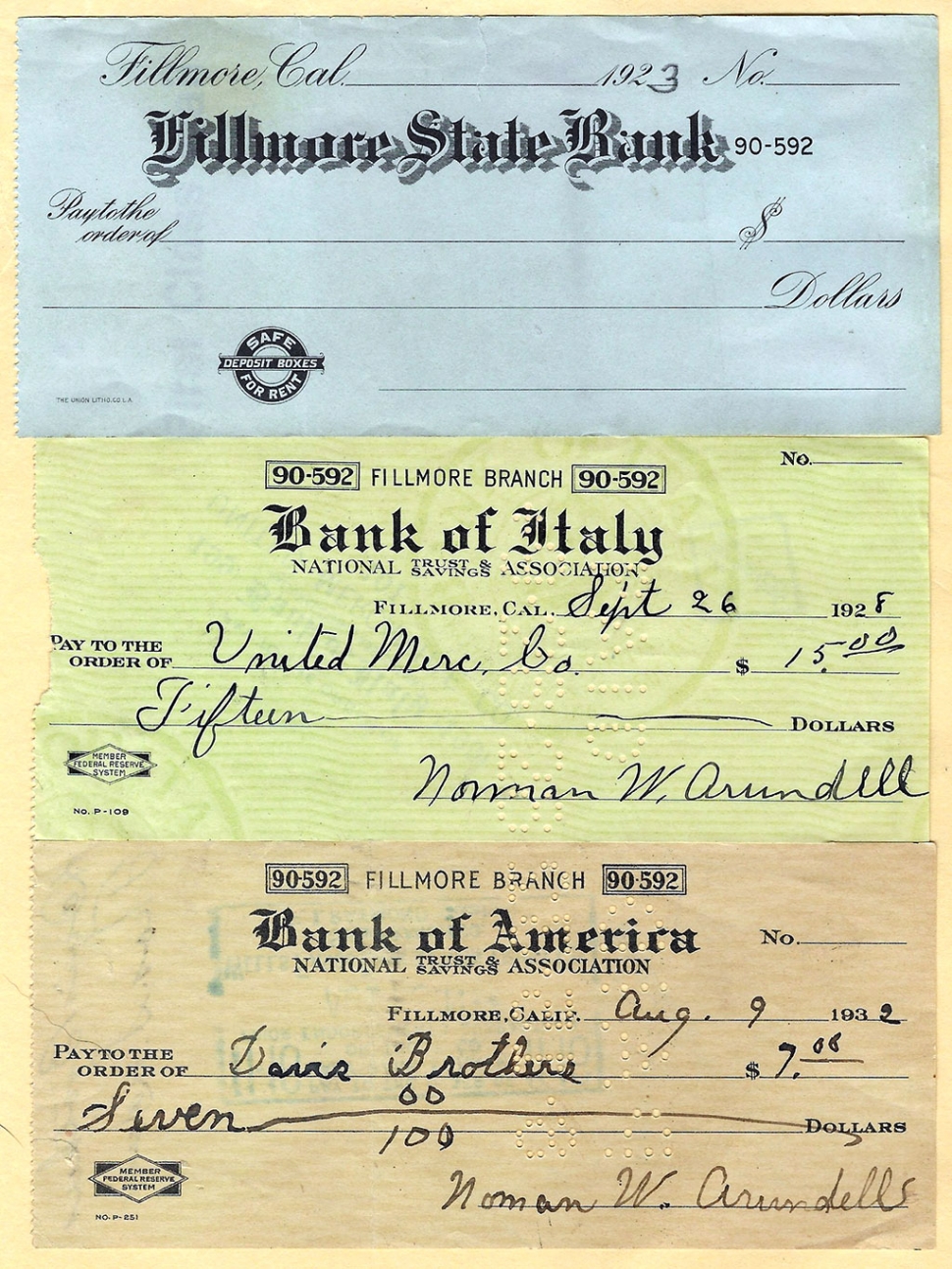 Copies of checks from the first three incarnations of the bank.

