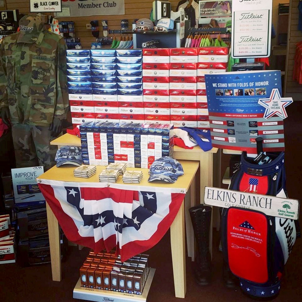 Elkins Ranch had the chance to participate in a program from Titleist to support the Folds of Honor foundation, with a display in their proshop. Elkins Ranch has always been proud to support any charity they can whether it be a fundraising tournament at the course, a donation of golf for a charity, even advertising a tournament at another golf course for a charitable cause. A custom Titleist staff bag is up for silent auction, and 100% of the proceeds go directly to the foundation. The deadline to enter a bid is September 3rd. The Folds of Honor foundation provides annual educational scholarships to military families of those who have been killed or disabled while on active duty in the service of their country.