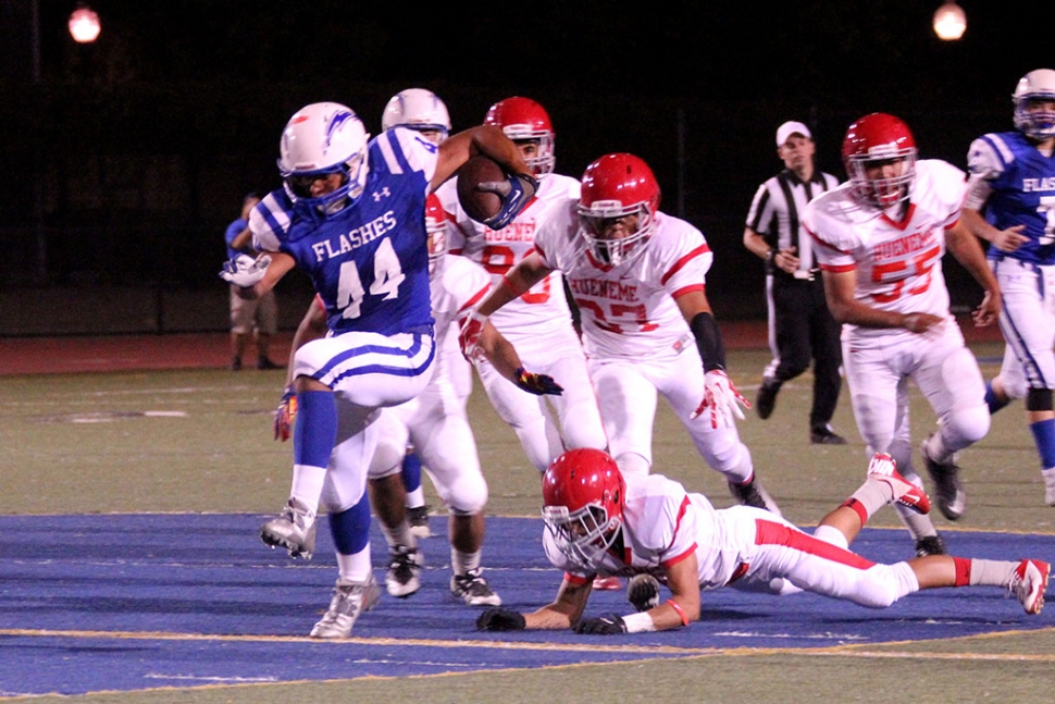 Varsity #44 Justin Coert makes a 56 yard touchdown run. Photos courtesy Crystal Gurrola.