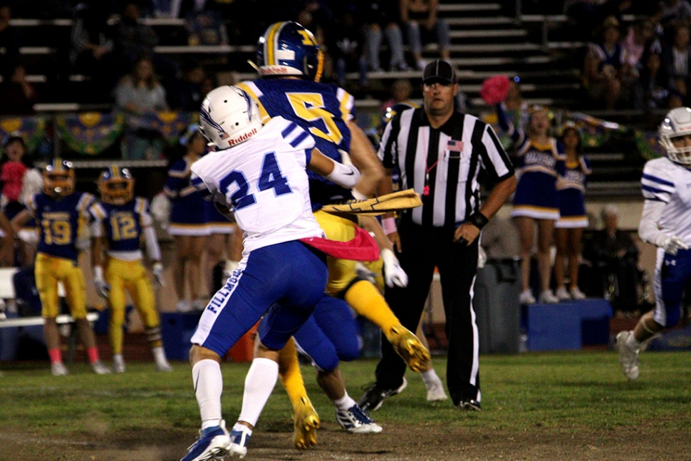 Last Friday, the Fillmore Flashes suffered their first loss with a 35-6 loss against Nordhoff high school, taking their overall record to 6-1 and their league record to 1-1. On defense, senior linebacker David Tovar and junior defensive back Ty Wyand both had interceptions while sophomore safety Phillip Cervantez led the team with 6 tackles. On offense, senior receiver Ryan Gonzalez had 7 receptions for 81 yards. Freshman receiver Ray Alcantar had the only touchdown of the game, a 5 yard reception from senior Quarterback Jared Schieferle who finished with 113 yards passing. Next week the Flashes continue their league schedule at home at 7pm vs. Hueneme High School. Story Submitted By Coach Sean Miller. Photos Courtesy Crystal Gurrola.