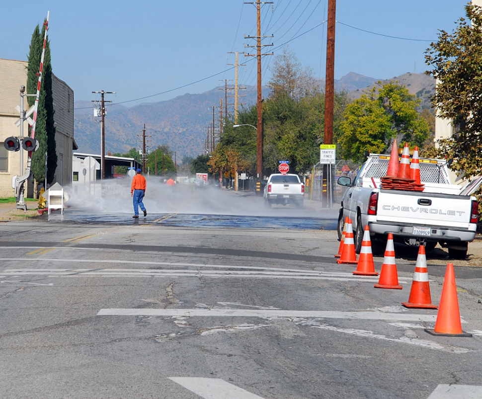 Fire hydrant throwing water across A Street in the problem area.