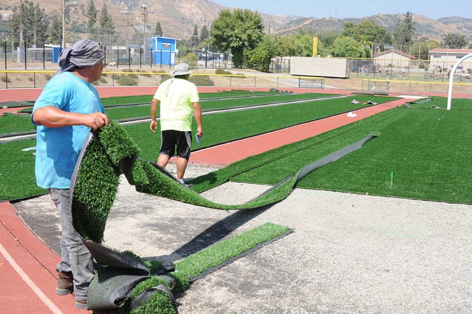 Fillmore High School’s turf football field renovations are nearly complete. Looks as though it might be done
before the students return from summer vacation.