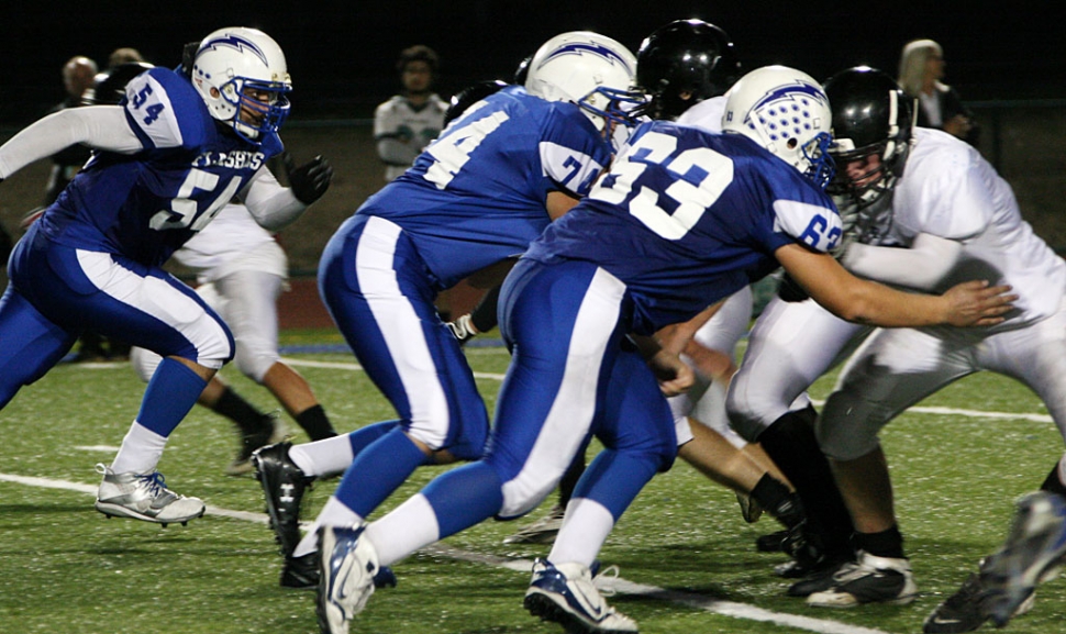 Flashes defense played well against Malibu. Pictured above Emilio Gomez #54, Brandon Barker #74, and Cody Jackson #63. According to Coach Dollar, “This was a tough Malibu team, they ran a completely different offense this year. They tried to spread out our defense, but we put a lot of pressure on their quarterback and made some big plays. A good win for Homecoming.”