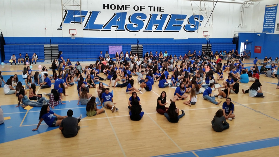 Fillmore High School Freshmen Orientation included meeting with a Senior mentor. The day also included TRL speaker Derek Emery conducting a training, and Freshman registration. The incoming students were given a tour of the campus and classrooms.