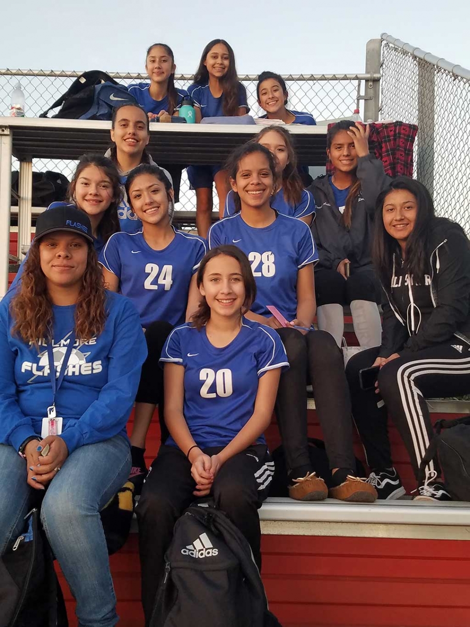 Pictured is the Fillmore High School Girls Frosh Soccer Team huddled together after a tough lose to Carpinteria this past week. Nicole Gonzales scored the lone goal. Lady Flashes had 15 shots on goal. Goal Keeper Nely Lara had 7 saves. Photo courtesy Coach Omero Martinez.