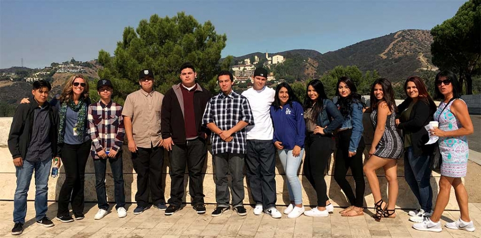 Sierra High School’s World History Class at the Getty Museum (l-r) Nat Lomeli, Kim McMullen (counselor), Arnulfo Garibay Barragan, Jose Villa, Estevan Garcia Gomez, Will Espinoza, Juan Orozco, Viviana Garcia, Stephanie Ceja, Maria Duenas Gonzalez, Priscilla Almanza, Angie Velez, and Phyllis Morton (History Teacher). Photo Courtesy Kim McMullen.