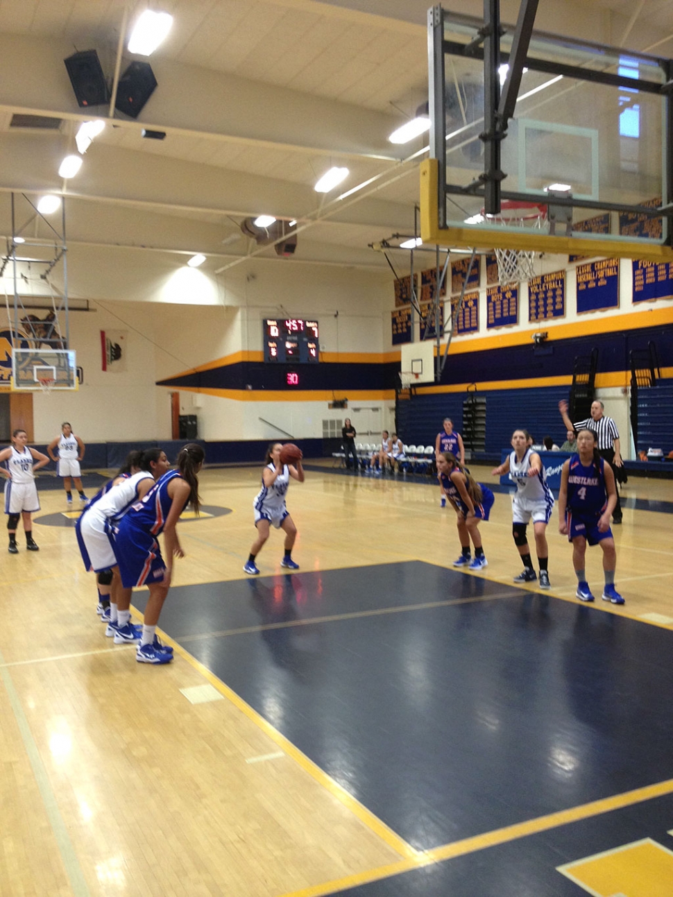 Saturday, December 8, Fillmore girls basketball played against Westlake. Pictured above Fillmore’s Hannah Vasquez shoots a free throw; teammates Briana Garcia and Grace Riley set for the rebound. Fillmore beat Westlake 35-32.