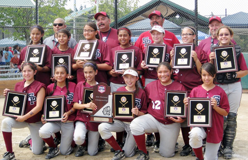 Front row from left to right: Alyia Alamillo, Felicia Magana, Angie Arana, Cyerra Vasquez, Anissa Hernandez and Mary Munoz. Middle row: Marissa Ramos, Sammy Rodriquez, Savannah Larson, Danica Garcia, Cece Flinn, Cierra Hernandez and Lliana DeLaTrinidad. Top Row - Coaches: Raymond Ramos, Kirk Larson Manager, Carlos Hernandez and Tony Vasquez.