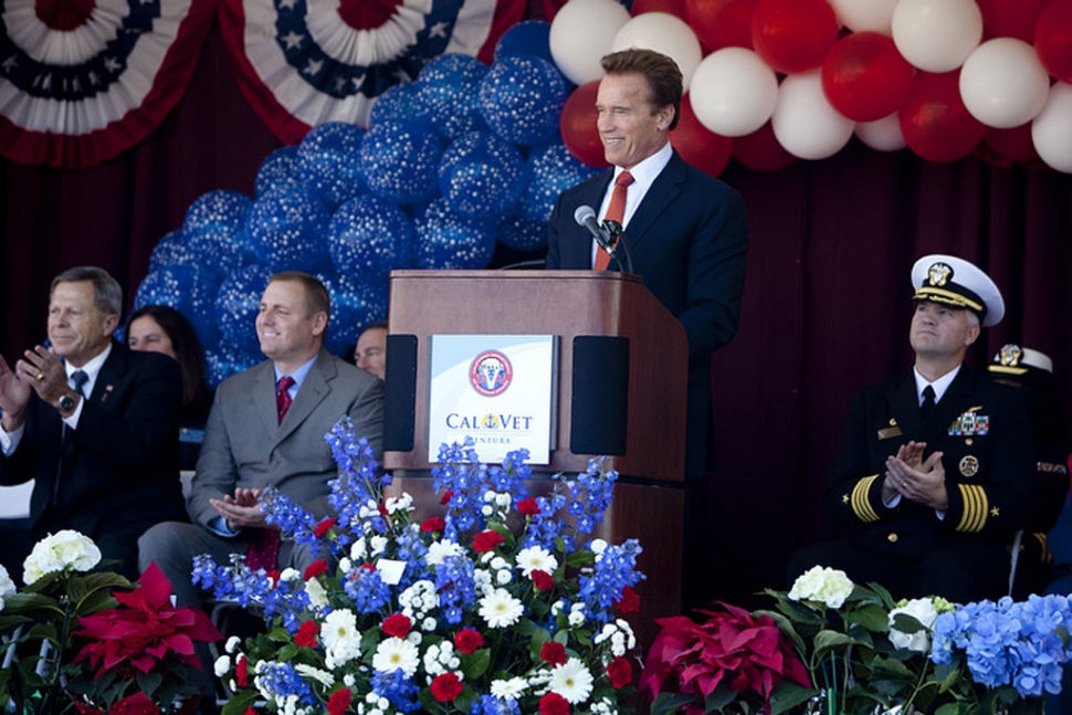 Governor Schwarzenegger celebrates the grand opening of California Veterans Home, Ventura. From left to right: California Department of Veterans Affairs Secretary Roger Brautigan, Senator Jeff Denham (R-Merced), Governor Arnold Schwarzenegger and Naval Base Ventura County commanding officer Captain James McHugh. Photo Credit: Peter Grigsby, Office of the Governor.