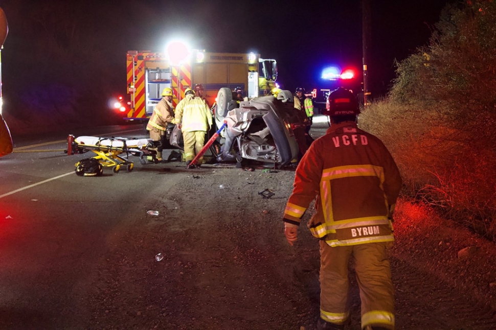 On September 29th, 2021, at 8:04pm, Ventura County Fire and AMR paramedics were dispatched to a reported vehicle on its roof, with one person trapped in the 3500 block of Grimes Canyon Road, north of the rock quarry. Arriving fire crews found a gray vehicle on its roof with one person inside the vehicle needing extraction. Fire crews quickly extracted the person who was transported to a nearby hospital, condition unknown. According to CHP the reporting party stated the driver was possibly driving recklessly prior to the crash. All lanes were blocked until fire crews cleared the area at 8:37pm. Cause of the crash is under investigation. Photo credit Angel Esquivel-AE News.