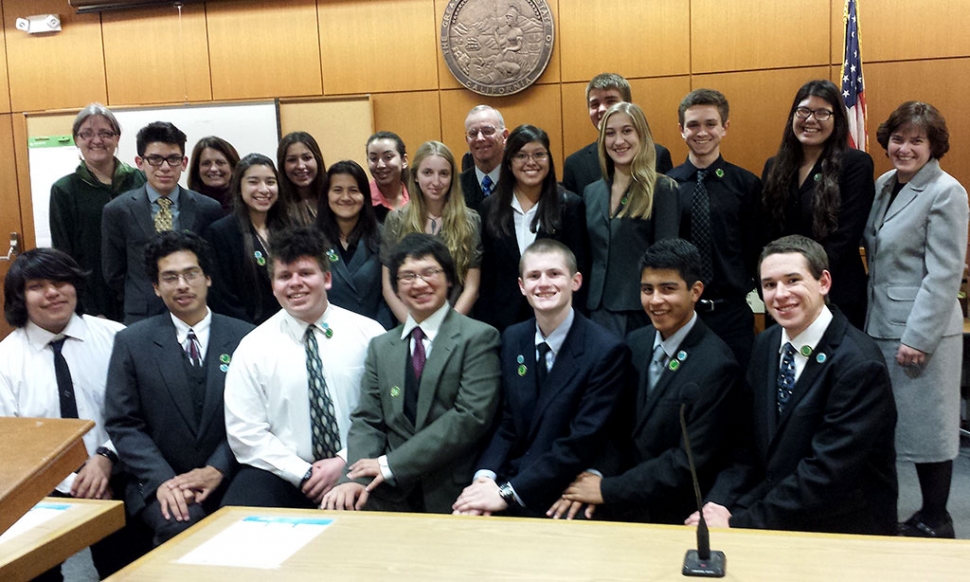 (l-r) (back row) Attorney coach Laura Bartels, Miseal Ponce, attorney coach Cynthia Pandolfi, sophomore Jacqueline Tovar, junior Viridiana Quintana, sophomore Cathy Alonzo, junior Maria Ibarra, Sara Beylik, Superior Court Judge Vince O'Neill, senior Citlali Erazo, sophomore Nicholas Bartels, senior Melissa Nunes, senior Justin Beach, junior Claudia Moreno, teacher-coach Jennifer Fitzpatrick, (front row) Freshman Nathan Martinez, senior Jovanny Bravo, junior Wesley Brecheen, sophomore Hai Tran, sophomore Matthew Hammond, senior Mario Gaspar and senior Austin Manzano.