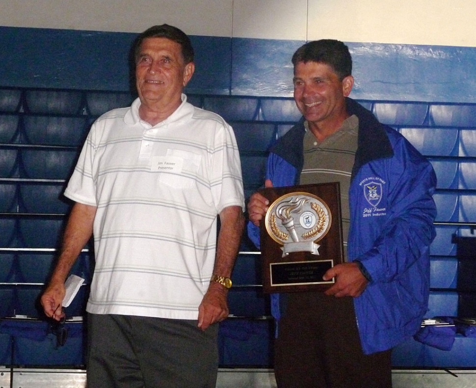 (l-r) Hall of Fame inductee Jim Fauver with his son Jeff Fauver. [Photo’s courtesy Dick Diaz]