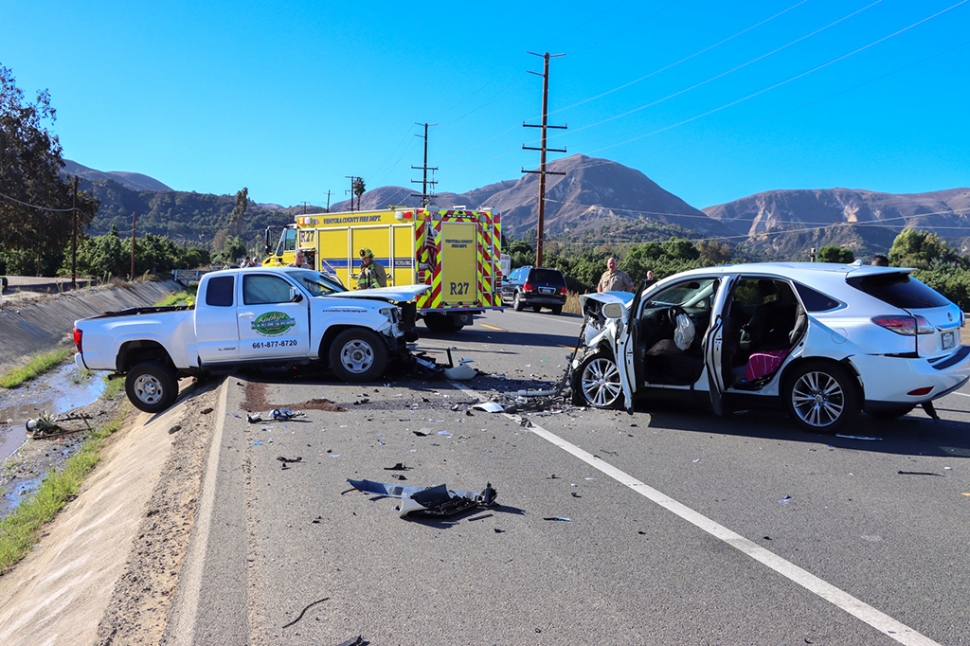 On Tuesday, October 25th, 2022, at 9:18am, California Highway Patrol, Ventura County Fire, AMR Paramedics, and Fillmore Patrol Services were dispatched to a reported traffic collision on SR23/Chambersburg and W. Guiberson Road. Arriving firefighters reported two vehicles involved, two patients, and both vehicles with front-end damage. According to the CHP, the white Lexus was trying to pass and crashed into an oncoming white pickup truck. It is unknown whether the truck was on the straight-away or turned out from a side street. Both patients were transferred to hospital, condition unknown. Fillmore Patrol Services had southbound and northbound lanes of SR23 shut down for over an hour until the scene was cleared. Cause of the crash is under investigation. Photo credit Angel Esquivel-AE News.