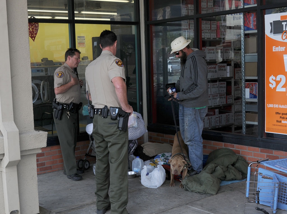 Ventura County Sheriff’s deputies responded to several complaints concerning homeless men at the Vons Center. The men, and two to four sometime companions, have been camping-out at the west end of the center for several days with sleeping bags, pit bulls and other belongings. The men complied with the deputies instructions to vacate the area shortly thereafter.