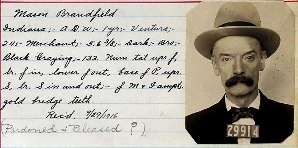 San Quentin prison register entry Mason Bradfield 1910-1918.
