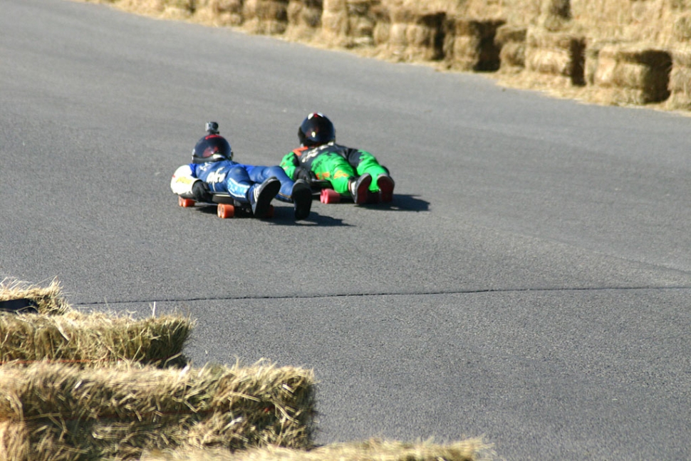 Conaway and Dean coming into the finish line during a practice run. (Conaway in blue/white leathers).