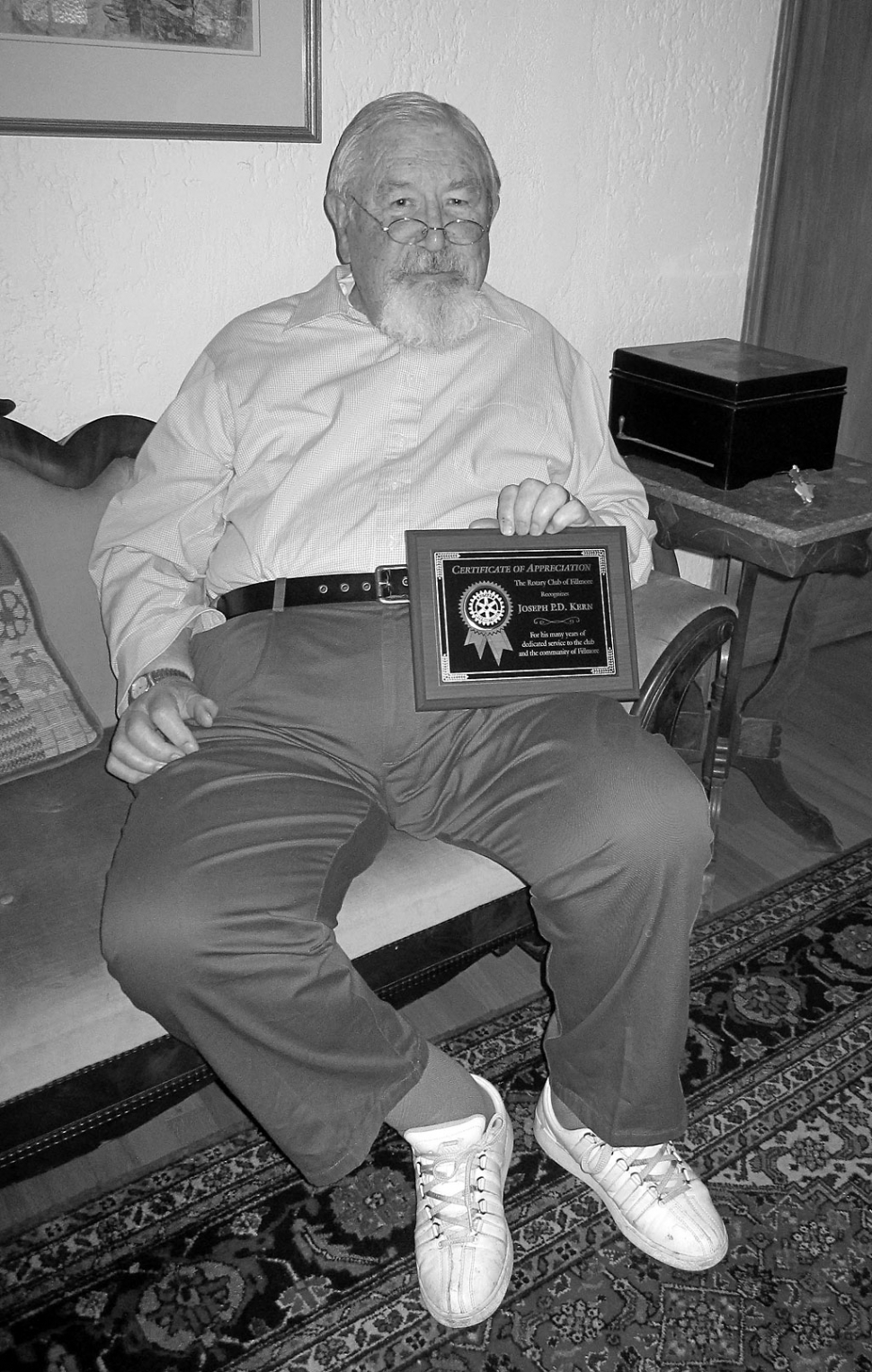 Joe Kern was recently presented with a plaque for his near, 50 years of service in the Rotary Club of Fillmore.