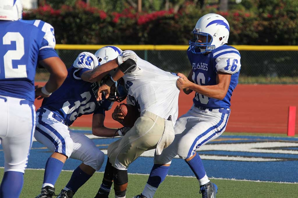 Fillmore flashes JV 35 - Channel Islands JV 0. Fillmore flashes JV improved to 2-0 on the season with a win over Channel Islands. The Flashes were led by Hugo Virto with 2 touchdowns one on an interception for a touch down and also a rushing touch down on offense. Also scoring for the the flashes were Ryan Gonzalez, Bryce Nunez, and Trevor Scott who caught a 39 yard touch down pass from Jake Saviors, Saviors and Scott connected on a 2 point conversion. The defense held Channel Islands with out a score for the second straight week. The defense was led by Abraham Garza, Jared Scheferle, Gabriel Gonzalez, David Rivas, Juan Gallegos, and Garrett Dollar. The Flashes play next against Hueneme at home. Photos by Crystal Gurrola.