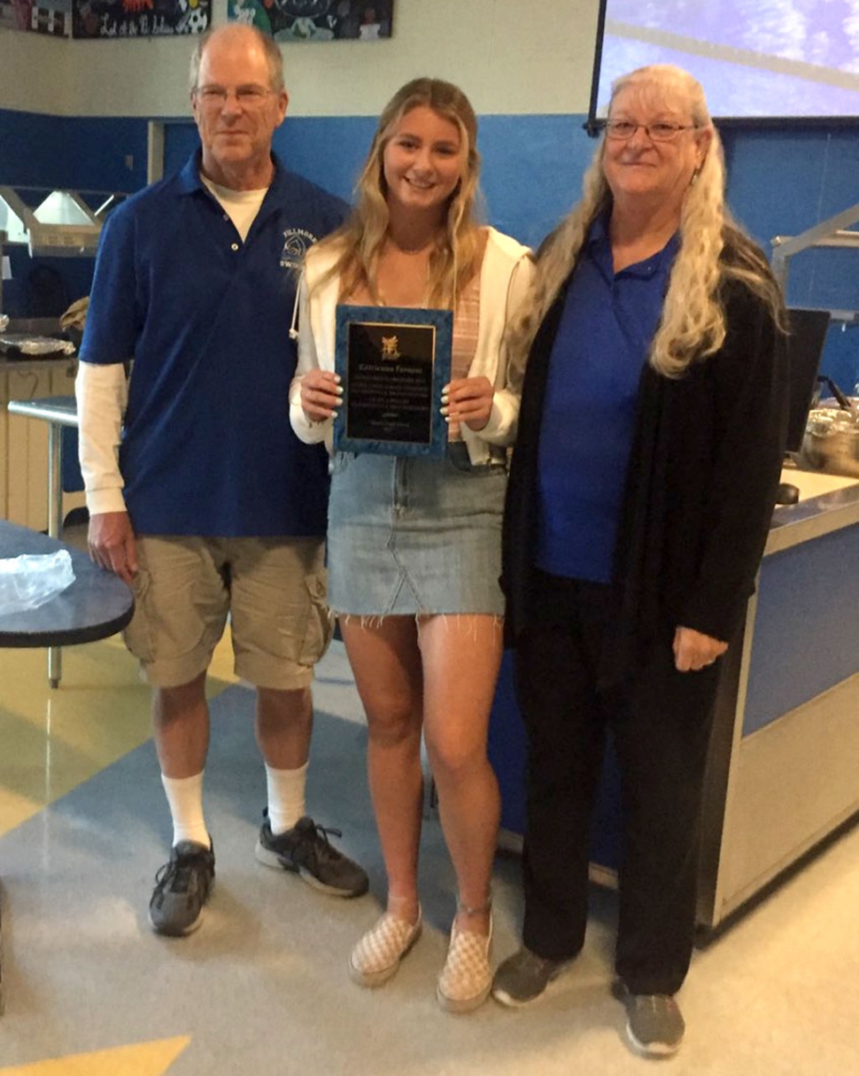 2018-19 FHS Outstanding Swimmer of the Season & Citrus Coast League MVP Katrionna Furness, with Coaches Mike and Cindy Blatt.