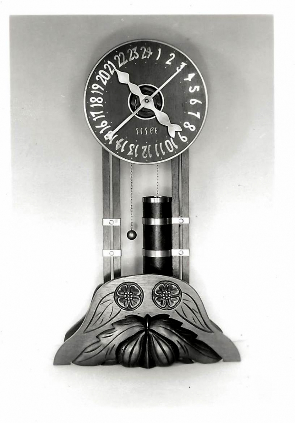The “Sespe”, an electric clock, table model created by Glen Mosbarger, the dial and hands are made so that time could be read either in 12 hour or 24-hour time at a glance.

