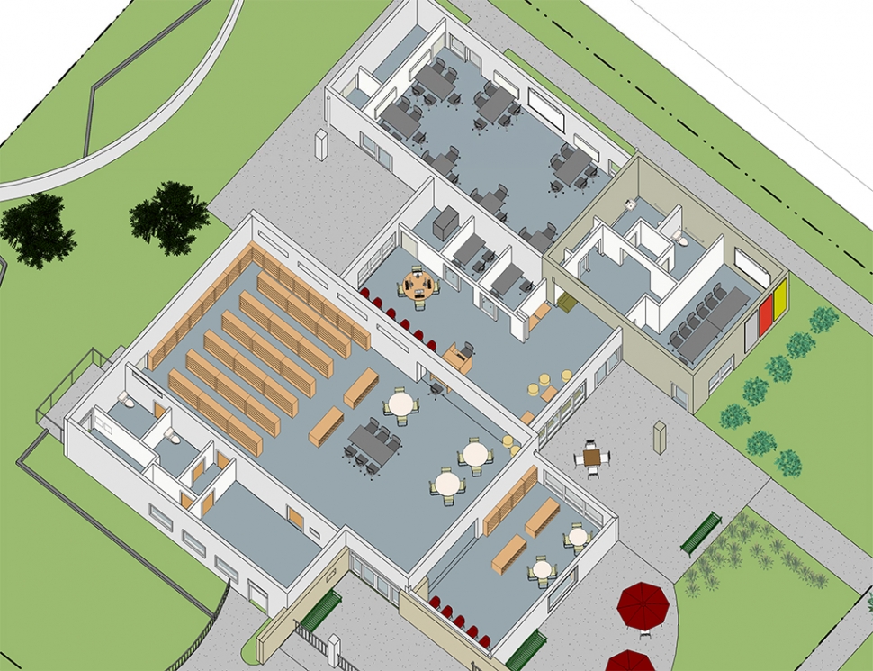 A rendering of the design plans which will include classroom, two study rooms, and an Innovation/STEAM lab/community meeting room, new public laptops, useable outdoor areas, new public restrooms, and more.