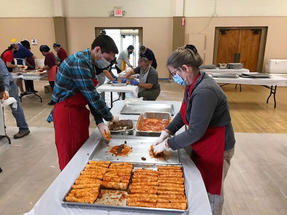 Fillmore Lions Club held their Annual Enchilada Dinner at the Veterans Memorial Building on Saturday, November 7th. Due to the COVID-19 pandemic, this year’s dinner was slightly different—no sitting and eating together as they had in past years. Volunteers James and Colleen Chandler are shown assembling enchiladas.