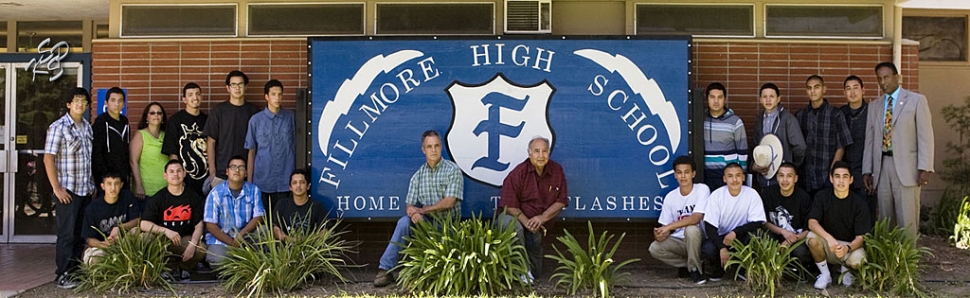 Fillmore High School's New Logo and the Class that Made It. (l-r) (top) Giovanni Arana, Fabian Gutierrea, Ms. Morielli - Dean of Students, Josue Arreloa, Alvaro Maciel, Miguel Banales, Alejandro Gonzalez, Francisco Zepeda, Ernesto Guzman, Cristian Orozco, Mr. Mesfun - Principal, (bottom) Rudy Soria, Cristian Serna, Juan Hernandez, Hugo Magana, Mr. Ricards-Welding Teacher, Mr. Beltran – Construction Teacher, Ruben Camarena, Gustavo Cortez, Yony Murillo, Jaime Gallegos. Photo by KSSP Photographic Studios, Fillmore.