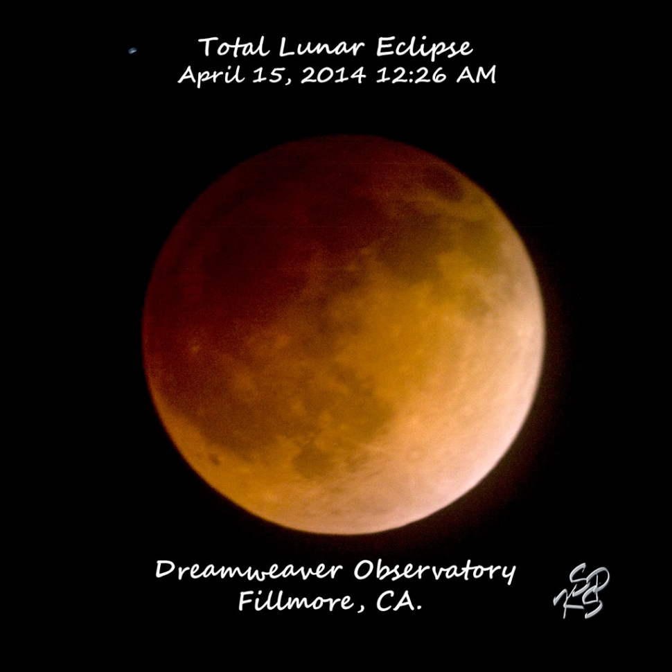 Moon in total eclipse. Taken with a 1250 mm telephoto lens @ f/10. Exposure on the eclipsed moon was 2 seconds. Photo courtesy KSSP Photo Studios, Fillmore, CA. 
