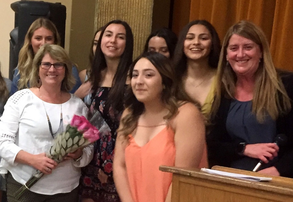 On Thursday, May 23rd at the FHS Mother/Daughter Banquet, the senior class took the time to recognize and thank FUSD Secretary Barbara Lemons (holding flowers) for her years of service to the district. Barbara is retiring after 21 years. Photos courtesy Katrionna Furness.
