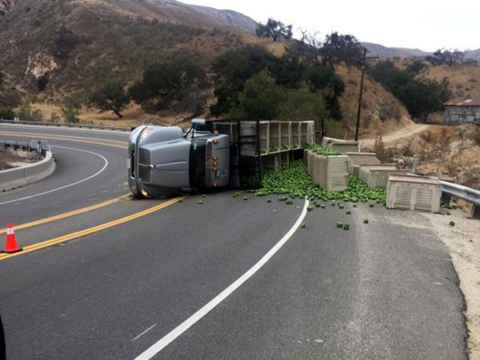 On Tuesday, July 3rd around 7am on Highway 23 between Fillmore and Moorpark the road was closed for several hours due to an overturned truck filled with bell peppers. There were no injuries reported and CHP was able to open the roads after 11am later that day. Photos courtesy CHP.