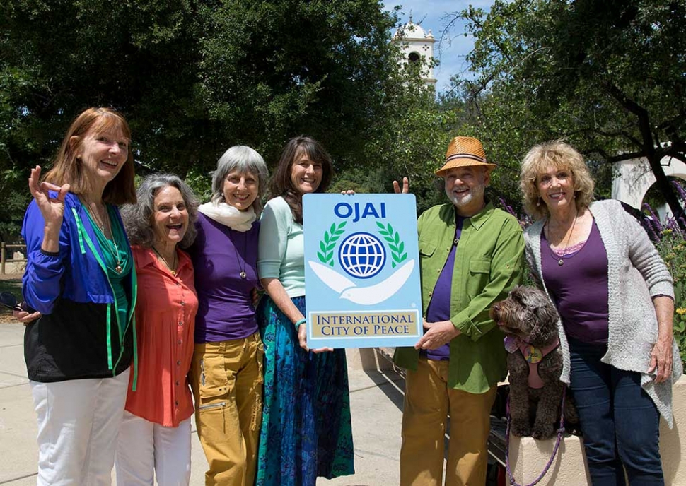 Ojai Peace Pod. Participants from Left to Right: Anahata Pomeroy, Julie Heyman, Lisa Berman, Kathy Nolan, Brian Berman, Dianne McCourtney with Lucy. Photographer David Baker.