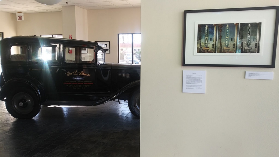Triptych photo at the William Morris Chevrolet showroom, with the vintage 1927 Chevy sedan in the background. All photos by Phil Fewsmith.