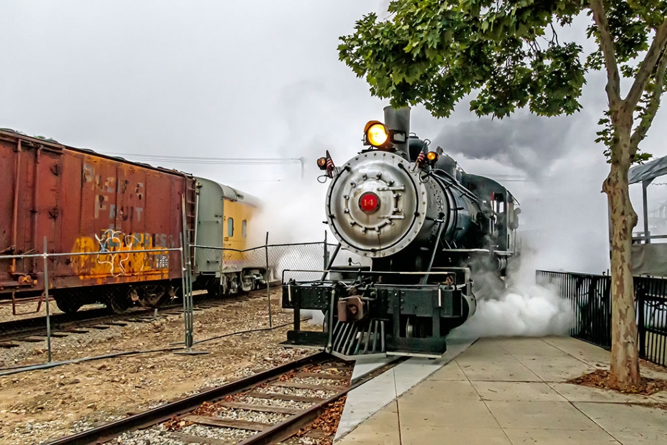 Photo of the Week "Baldwin steam engine #14 approaching the Santa Clara River Valley Railroad Historical Society’s turntable" by Bob Crum. Photo data: Canon 7DMKII camera, manual mode, Tamron 16-300m lens @16mm. Exposure; ISO 4000, aperture f/13, 1/250 second shutter speed.