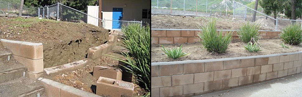 Before and After: (left) Retaining walls crumbling and (Right) New Retaining Walls have been installed.
