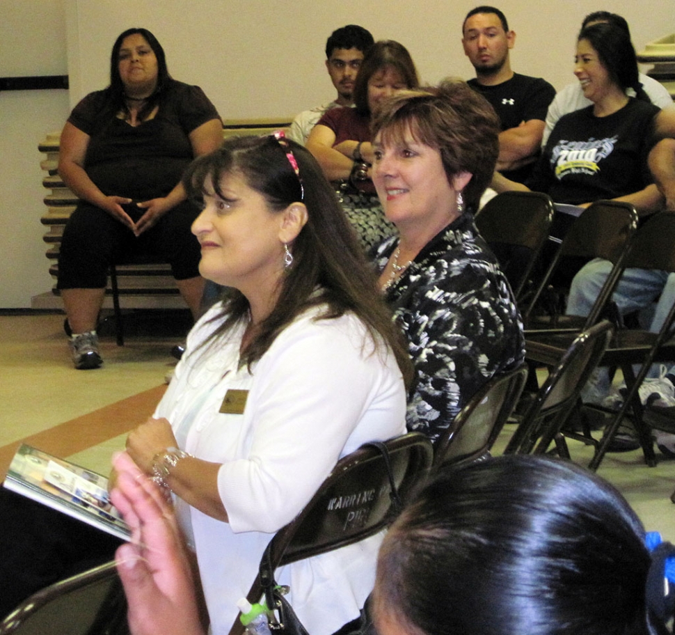 On May 19, Ventura County Supervisor Kathy Long addressed Piru residents on fire department disaster preparedness plans and resources. She was joined by Donna Plummer from Redevelopment, and an update on the skate park and planned playground was presented. Long later briefly spoke of moving forward within the community following recent Charter School efforts. Pictured are Supervisor Kathy Long and Della Reyes from Heritage Valley Tourism prior to their respective updates. Crime reduction efforts in town. He also noted resources for bus and swim lessons to encourage safer swimming for area youth.