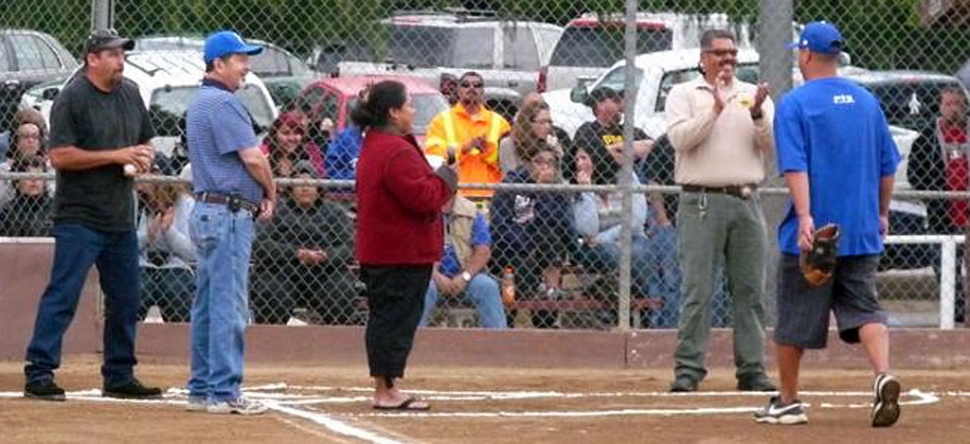 Piru Youth Sports Opening Ceremonies first pitch. Pictured (l-r) Mr. Fernando Vancini, Mr. Gil Escoto, Mrs. JoAnn Torres, Mr. Danny Ramirez and Mr. Hector Sanchez. Photo courtesy Heritage Valley Studios.