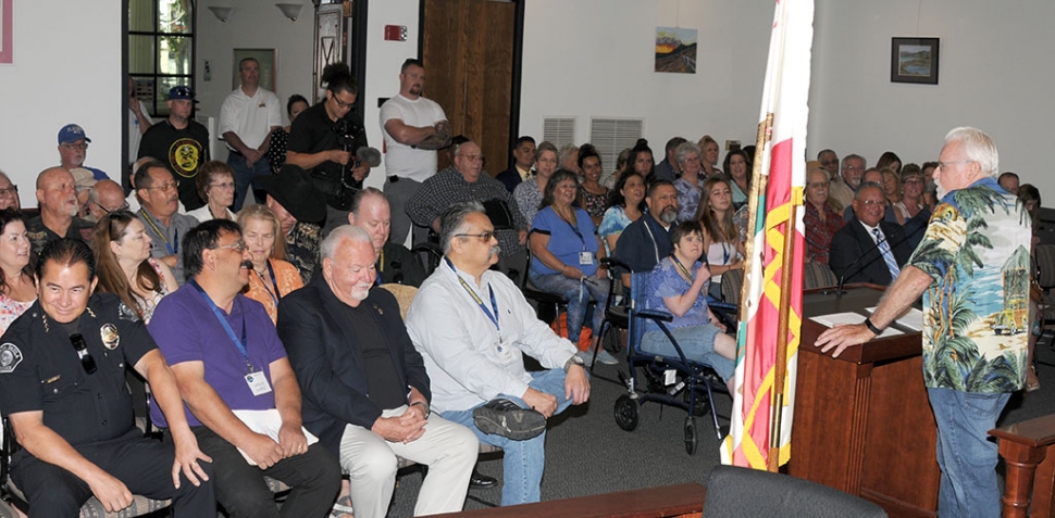 On Saturday, July 20th at 11a.m., at Fillmore City Hall, a plaque dedication ceremony was held by the Fillmore Police Brotherhood to honor those who served in the Fillmore Police Department from 1925 – 1987. Also recognized at the ceremony were the Ventura County Sheriff ’s Department and Santa Paula Police Department. The Master of Ceremonies was Captain Eric Tennessen VCSO/Chief of Police for Fillmore, the Fillmore Explores Club did the Presentation of Colors, Joe Ortiz band lead the National Anthem and Pledge of Allegiance, Invocation/Moment of Silence lead by Deacon Manuel Martinez honoring Art Munoz, Frank “Pancho” Gonzales, and Caril McLain. Guest Speakers were Fillmore Mayor Pro Tem Tim Holmgren, former Fillmore Police Chief Dick Diaz (pictured), VCSO Captain (retired) and former Santa Paula Chief of Police Walt Adair (retired), tribute to law enforcement by Elmo Sheeran honoring Hank Carrillo and Larry Carpenter.