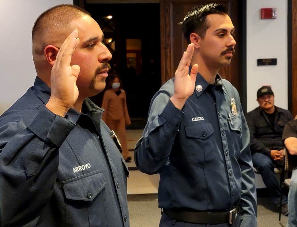 City Council Hosts Badge Ceremony Firefighters. On Tuesday, February 22nd, Fillmore City Council held a badge ceremony for Firefighter Engineer Jason Arroyo (left) and Fire Captain Jordan Castro (right) of the Fillmore Fire Department. Pictured above are Jason and Jordan as they take their pledge and reaffirm their commitment to the Fillmore Fire Department and to their position.