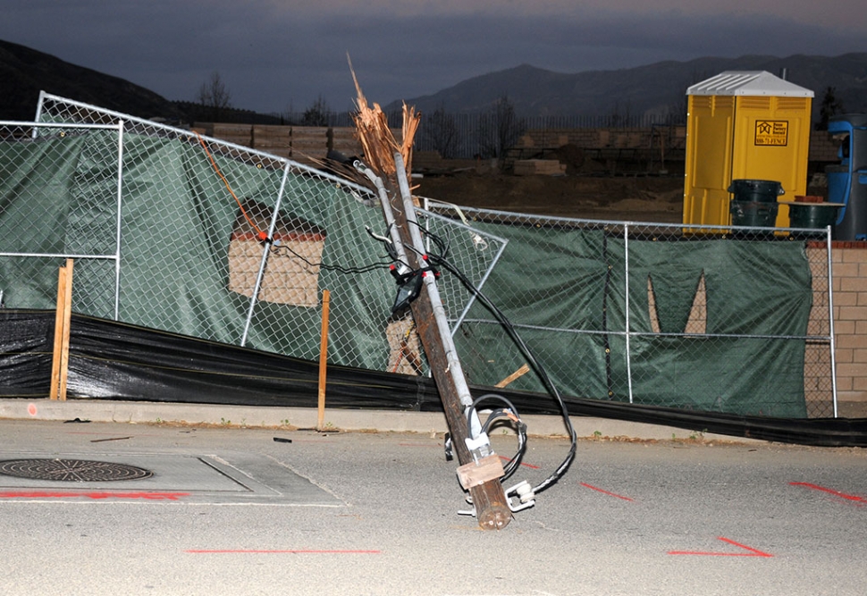 On Monday, March 8th at 4:25pm, a single vehicle crash at the corner of Mountain View and Ventura Street (SR-126) took down a power pole, exposing live wires. The Chevy Trax sustained significant front-end damage. No injuries were reported. Sheriffs set up a road blocked between Ventura and Santa Clara Street while they investigated and cleared the area. SoCal Edison was on scene to remove the pole.