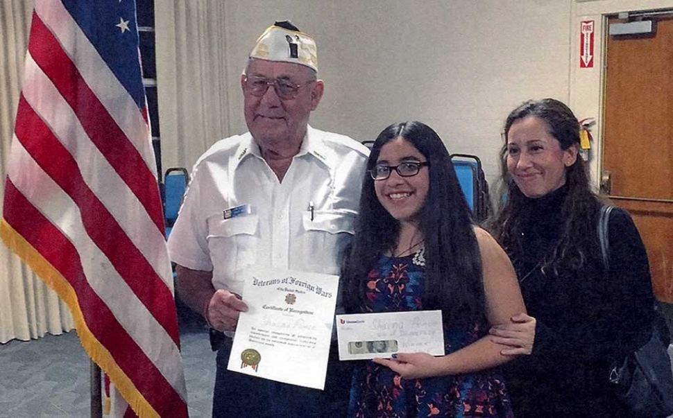 The Fillmore Veterans of Foreign Wars presented Shaina Ponce with a certificate of appreciation and $100 for her first place entry in the VFW “Voice of Democracy”. The Voice of Democracy contest is open to all high school students within the Fillmore Unified School District. This year’s theme was “My Vision for America.” Shaina took first place at the Fillmore VFW Post level. Pictured (l-r) are Commander Jim Rogers, Shaina Ponce and her mother Irene Madrigal.