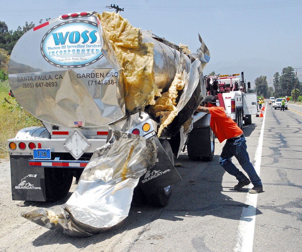Wednesday, June 16, at 10:23 a.m., a northbound Western Oil Spreading Services truck out of Santa Paula failed to negotiate a curve on Grimes Canyon and crashed through a power pole. No injuries were reported. Traffic was directed to one lane while Edison Company workers secured and replaced the damaged power pole. Approximately 80 gallons of asphalt solution was cleaned up. A private wall was also damaged in the incident.