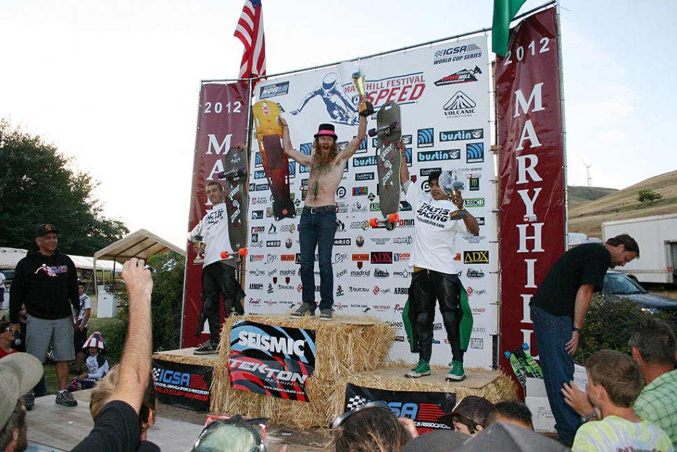 Jon Huey, Keith Henderson and Kyle Castenada, of Fillmore, on the podium for their Classic Luge results.