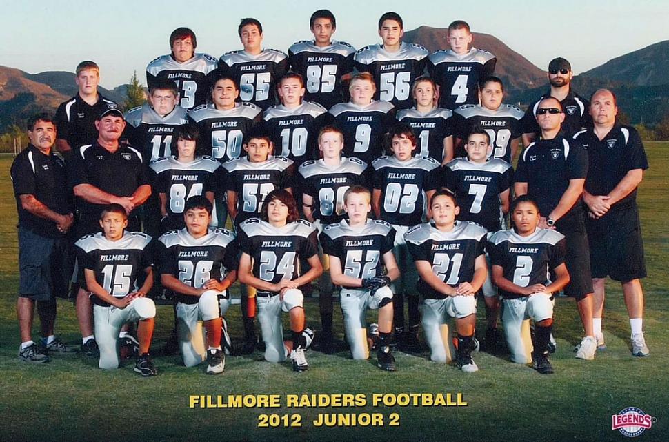 The Fillmore Raiders Junior 2 won the Championship game 46-14, last Saturday against Valley. Top row (l-r): Brandon Castillo, Cameron Maina, Alex Vargas, Sammy Dominguez, Carson Davis. Second row (l-r): Coach Chad, Tyler Bode, Christian Barajas, Tyler Stump, Will Boucher, Vincenzo Granatelli, Daniel Gonzales, Coach Mark Zone. Third row (l-r): Coach’s Keith Gurrola, Rj Stump, Dylan Satterfield, Fernando Gonzalez, Michael Smith, Michael Zone, Coach’s Cliff Zone and Joe Granatelli. Bottom row (l-r): Angel Velez, Cesar Leiva, Chepes Perez, Nick Walker, Christian Teixeira, and Joshua Sandoval. Not pictured Christian Cisneros.