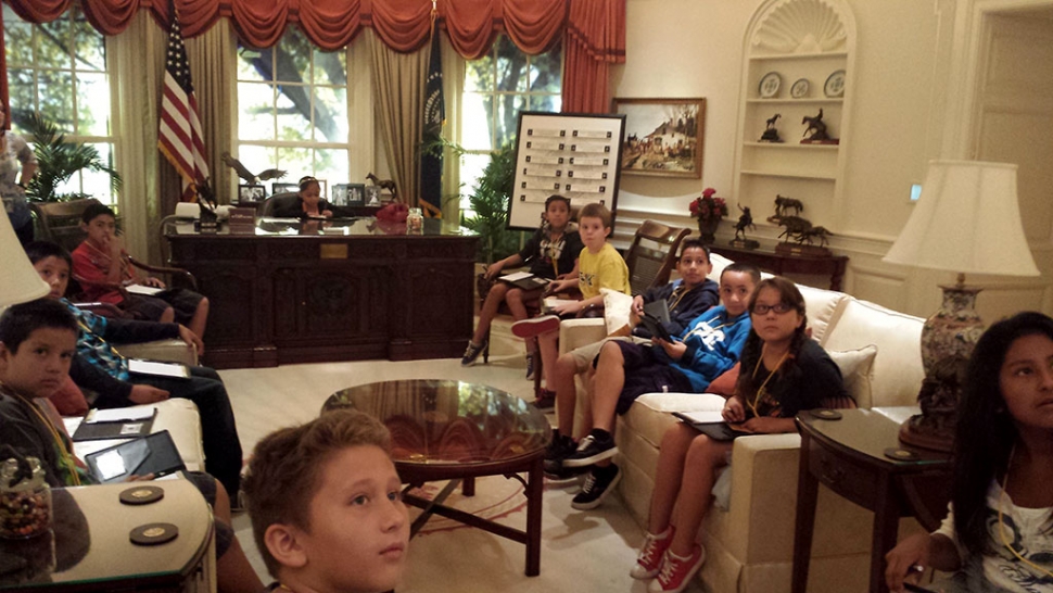 Mt. Vista Elementary went on a field trip to the Ronald Reagan Library. They did a reenactment in the oval office of time when Reagan was President and had to solve the Grenada crisis in which 300 students and hundreds of construction workers were held captive. The students had to give answers to questions to the President, deciding on how to successfully return the captives to the US safely. President Reagan was played by Leslie Ceja. The students also learned how the President addresses the nation. Thank you to Kelly Bires’ (pictured above) mom for the photos and info. Simulation of Grenada crisis field trip sponsored by Paula Phillips and Right Road Kids. Buses sponsored by Edison Company.