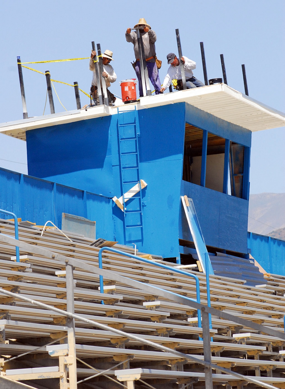 Reconstruction continues on the Fillmore High School announcement booth.