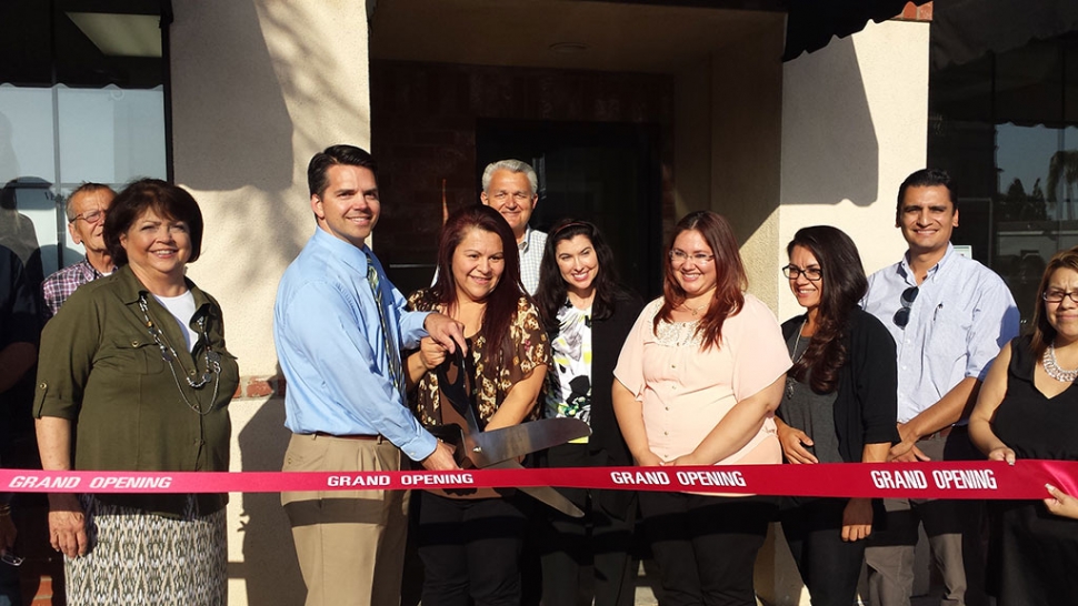 Celebrating their Grand re-opening in style on May 29, 2014 Heritage Valley Eye Care Optometric Center (pictured Dr. Luekenga, office manager Monica Hernandez,Carina Ruiz and Maria Barraragan,  Fillmore mayor Manny Minjares and Fillmore Chamber president Irma Magana